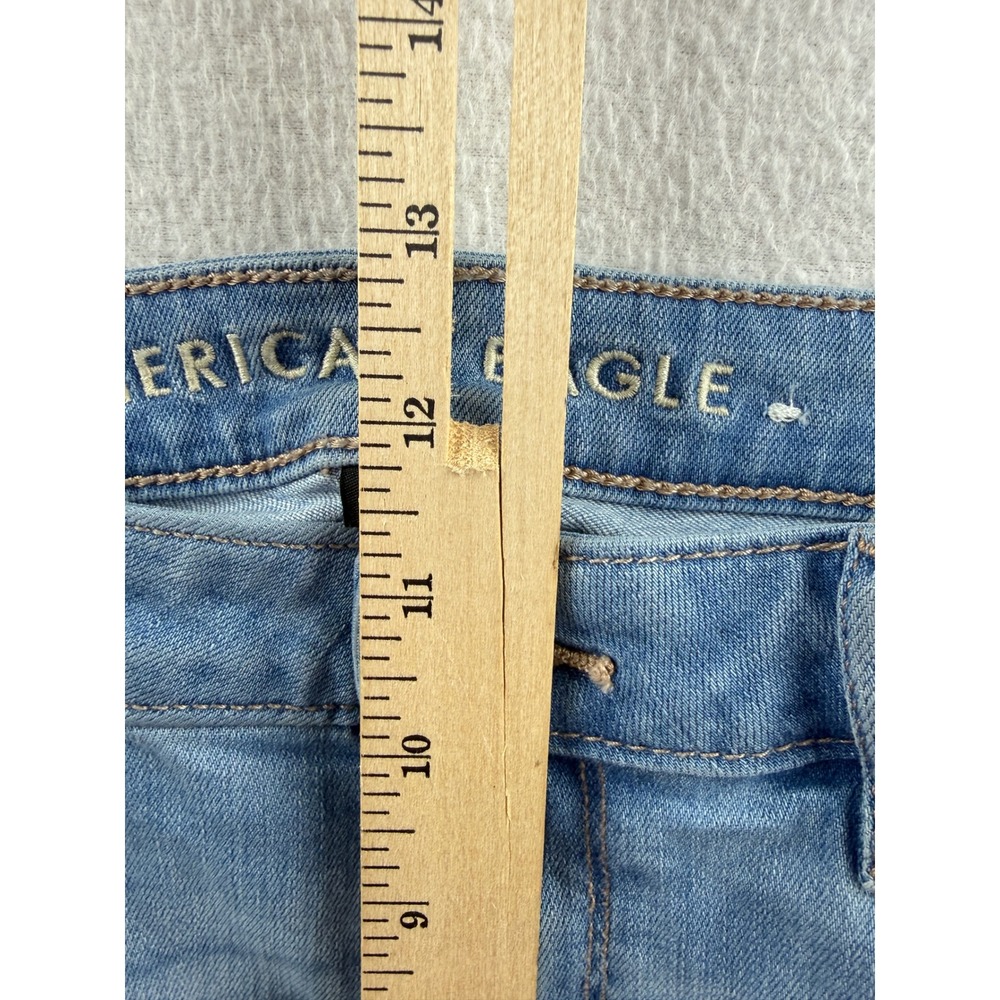 American Eagle Super Hi-Rise Flare Jeans Womens 10 Light Wash Distressed Raw Hem - Picture 10 of 10